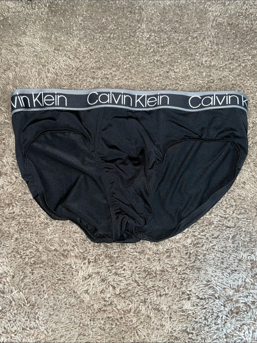 Gently worn Calvin Klein Black Briefs with Silver Logo Waistband size large